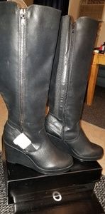 Black knee high wide calf wedge boots